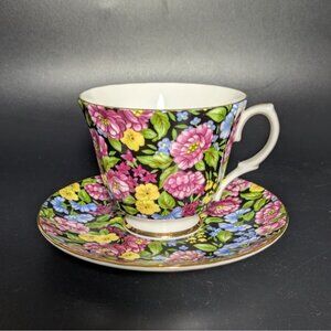 Bethany Bone China Floral Teacup Saucer Set Gold Trim Pink Yellow England
